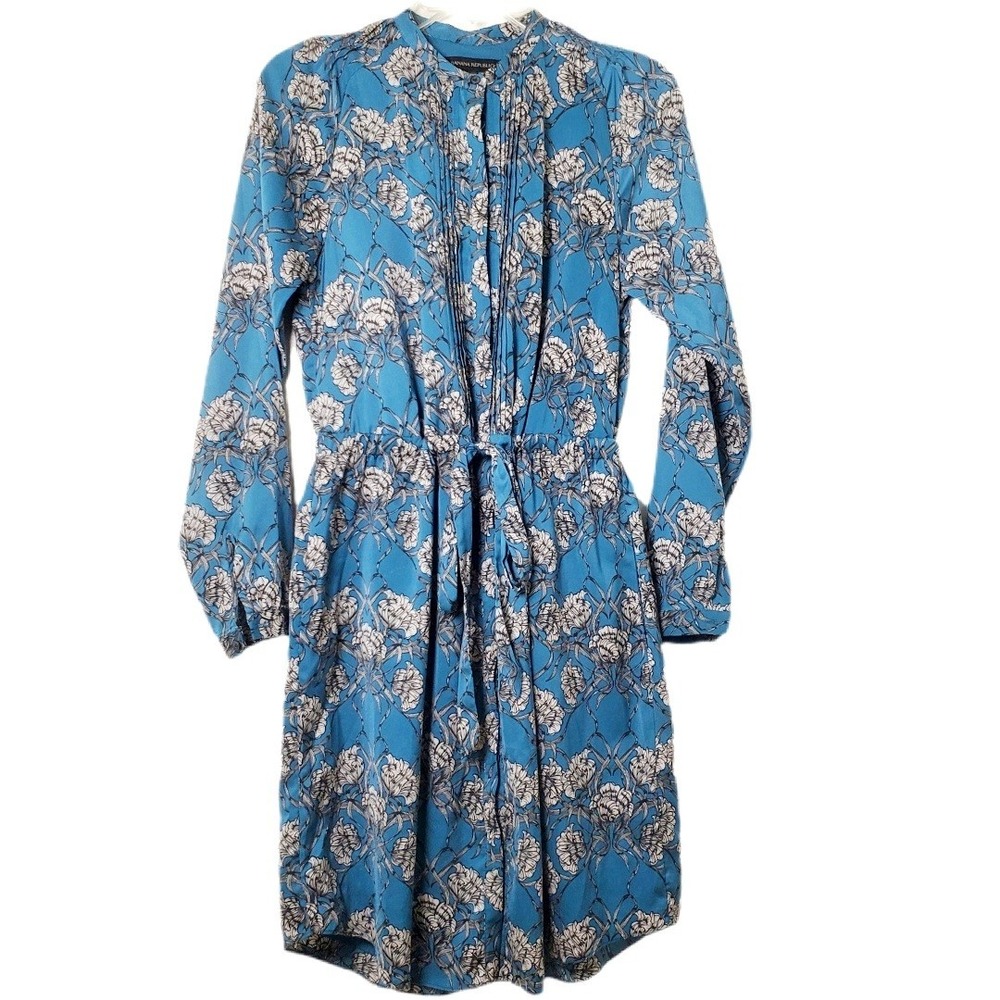 Banana Republic‎ Teal Blue Floral Pleated Pintuck Shirtdress Long Sleeve Size XS